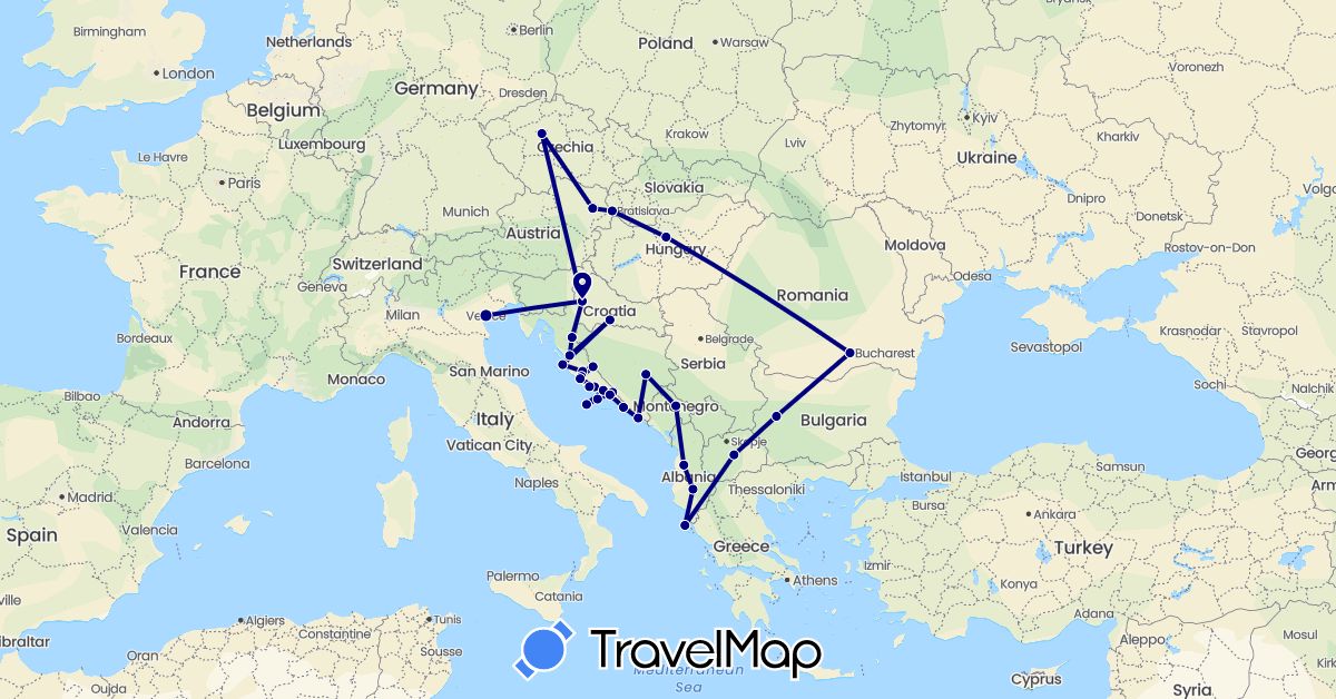 TravelMap itinerary: driving in Albania, Austria, Bosnia and Herzegovina, Bulgaria, Czech Republic, Greece, Croatia, Hungary, Italy, Montenegro, Macedonia, Romania, Slovakia (Europe)